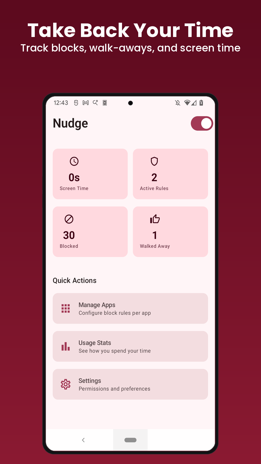 Nudge dashboard showing screen time, active rules, blocks, and walk-aways