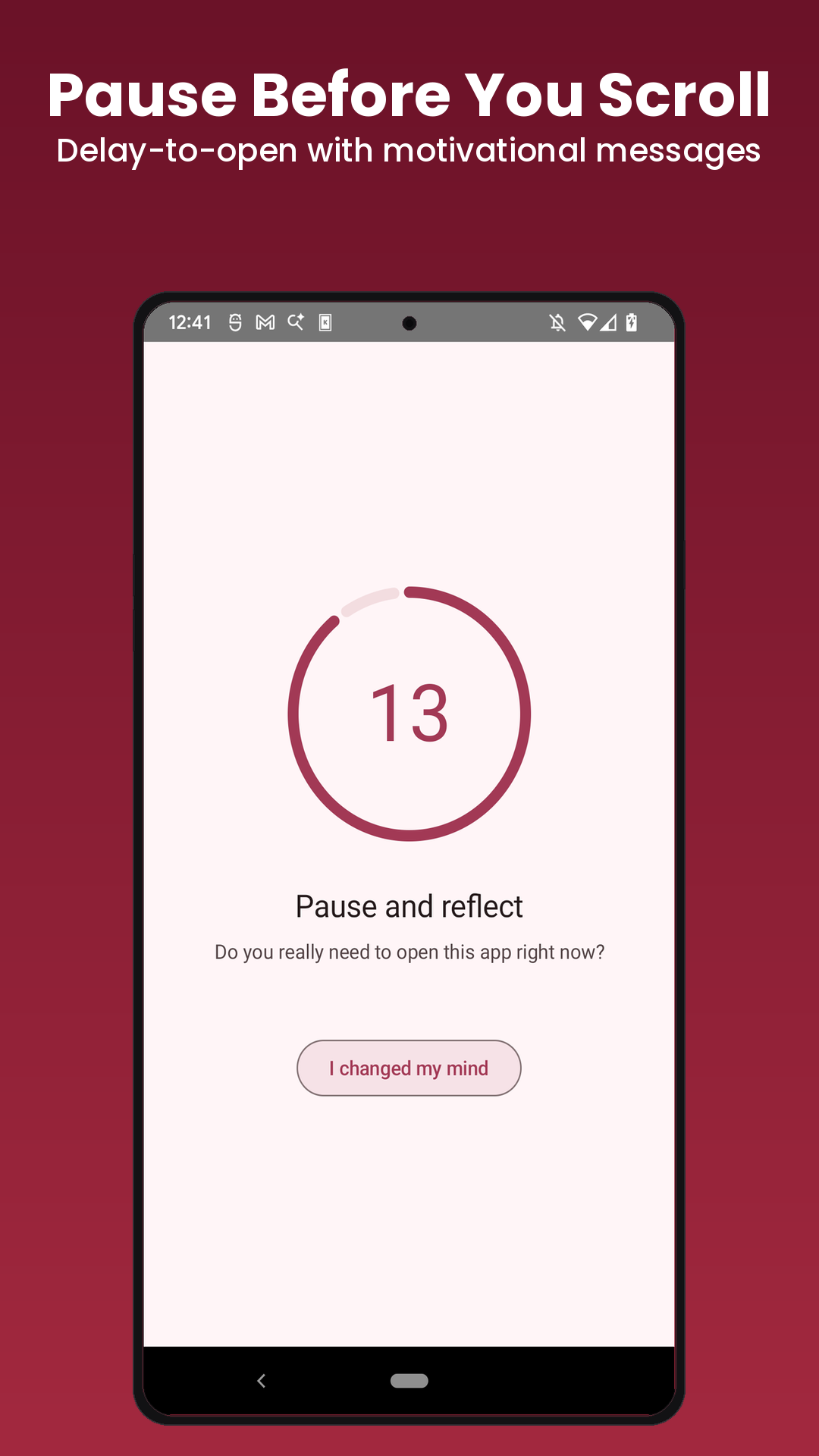 Delay-to-open screen with a countdown before a blocked app opens