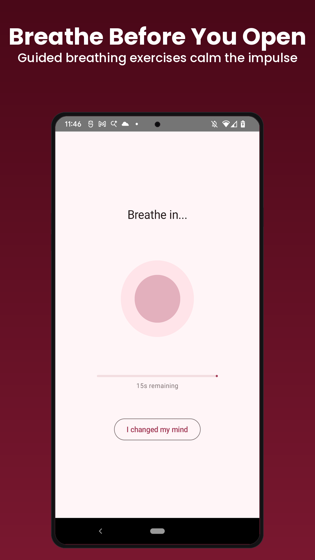 Guided breathing exercise shown before a distracting app opens