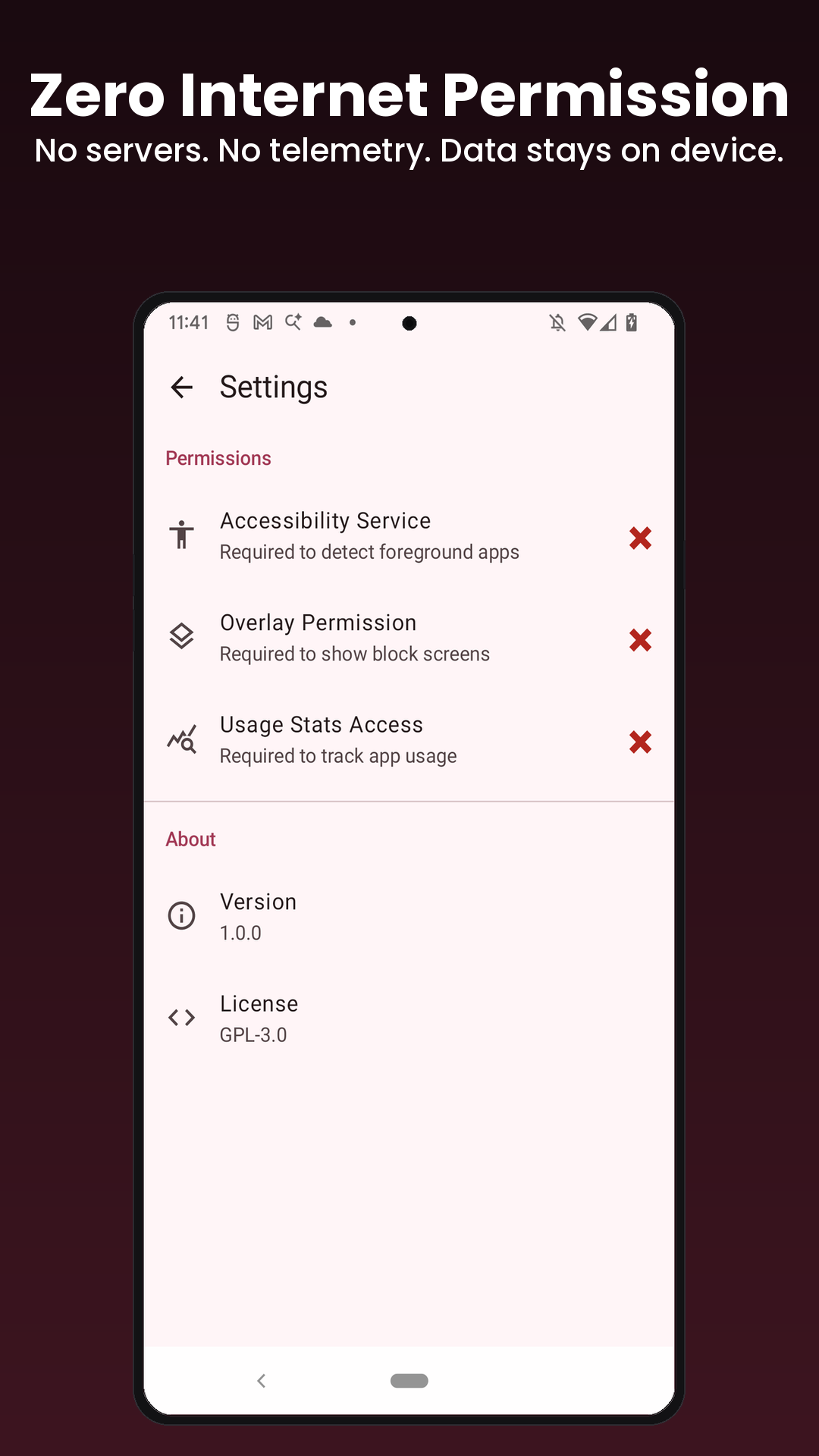 Settings screen confirming zero internet permission and no tracking