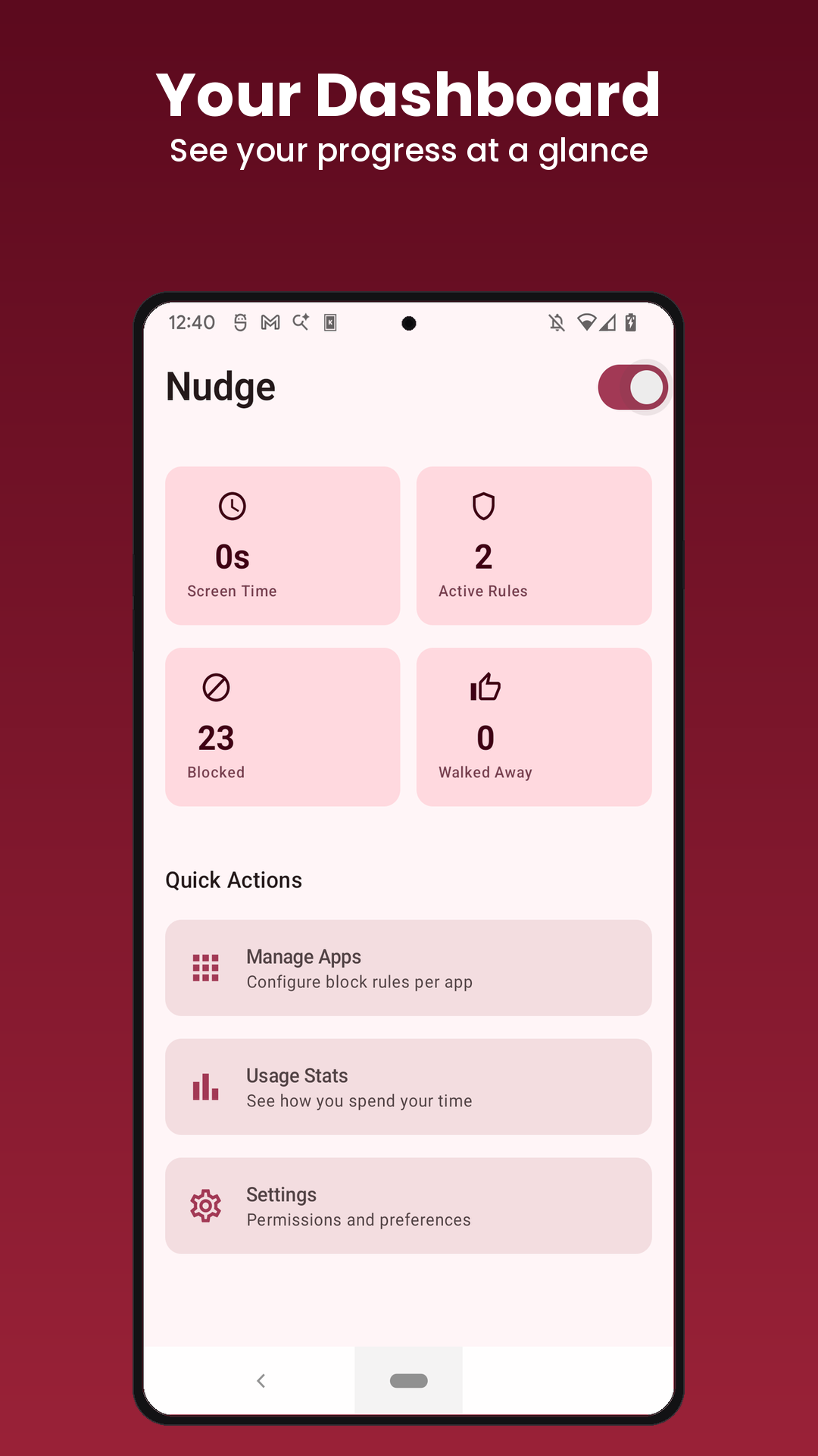Usage stats dashboard with weekly charts and streak tracking