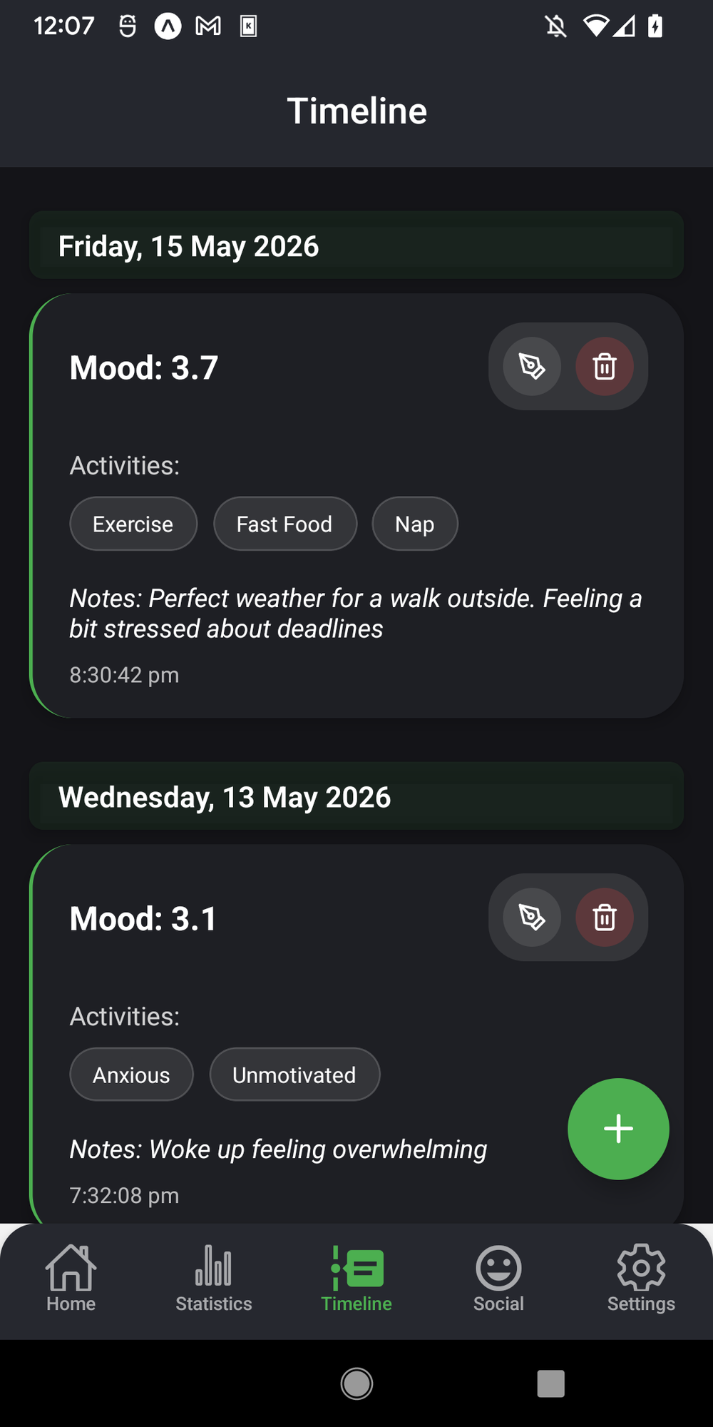 Timeline view of mood entries