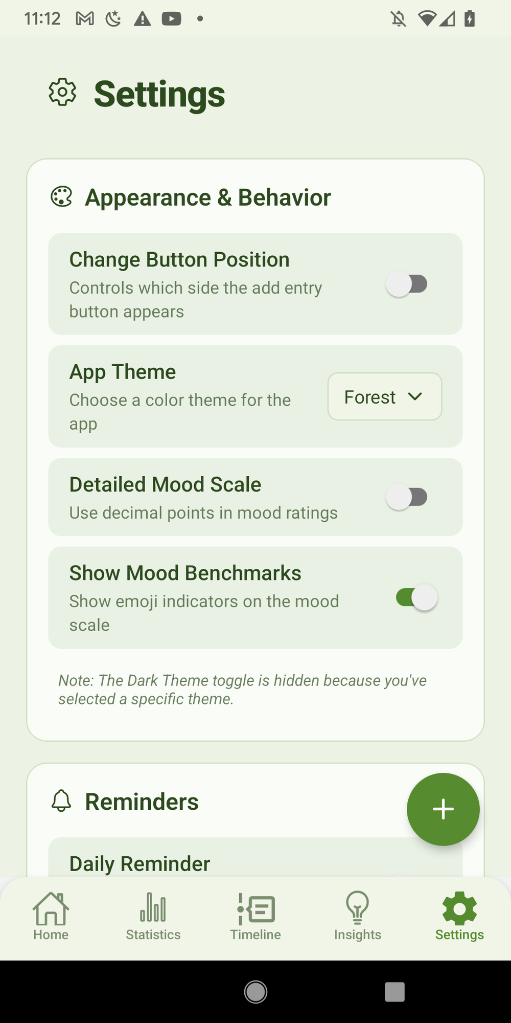 Theme picker showing five color options